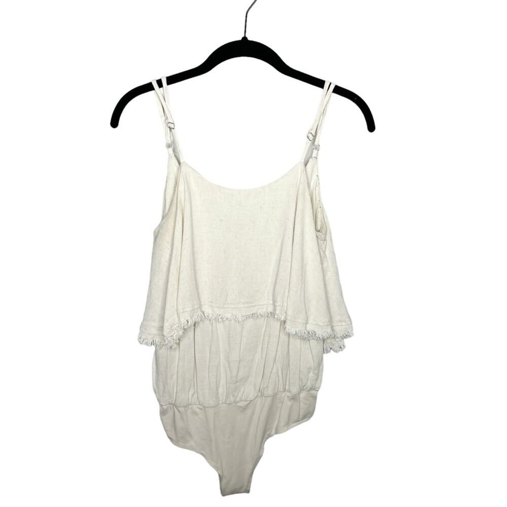 PROMESA / off white cream linen blend ruffle tank bodysuit / S